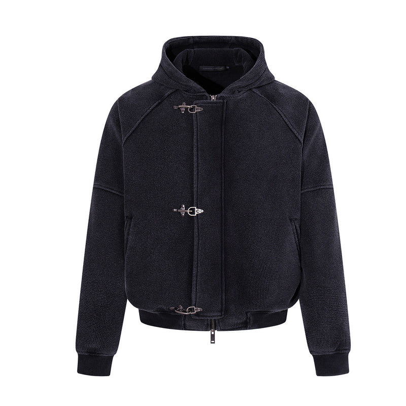Verwaschene Bomberjacke aus Waffelstrick mit Kapuze und Metall-Knebelverschlüssen in verwaschenem Schwarz, Vorderansicht