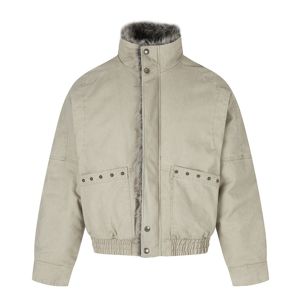 Men's washed canvas faux fur-lined bomber jacket with studded patch pockets and snap-button placket in sand beige