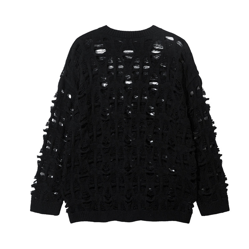 Distressed Open-Weave Crew Neck Knit Sweater – Oversized Ladder-Hole Design