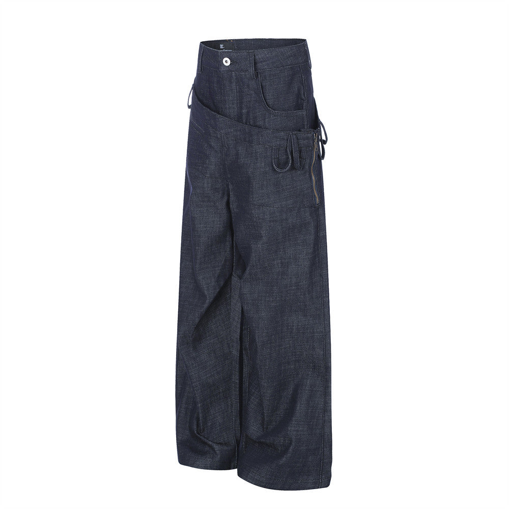 Wide-Leg Jeans with Irregular Spliced Waistband and Double Pleats