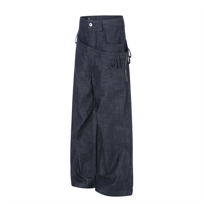 Wide-Leg Jeans with Irregular Spliced Waistband and Double Pleats