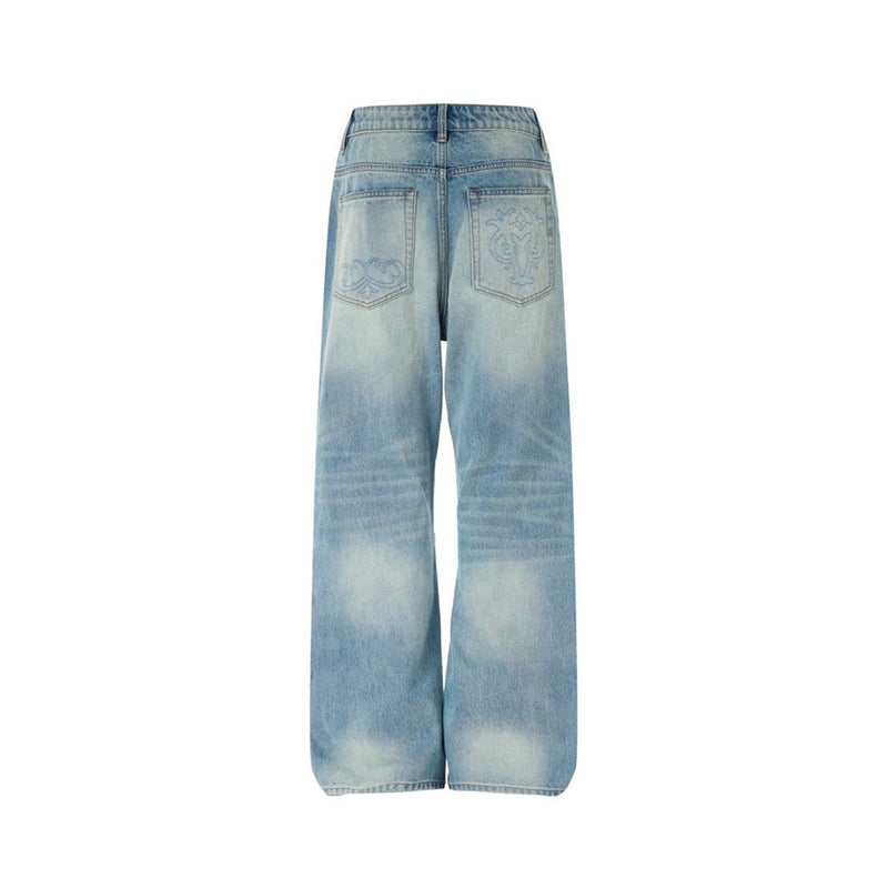 Men's Light Wash Jeans – Floral Embroidery, Metal Clasp Fly & Straight Leg