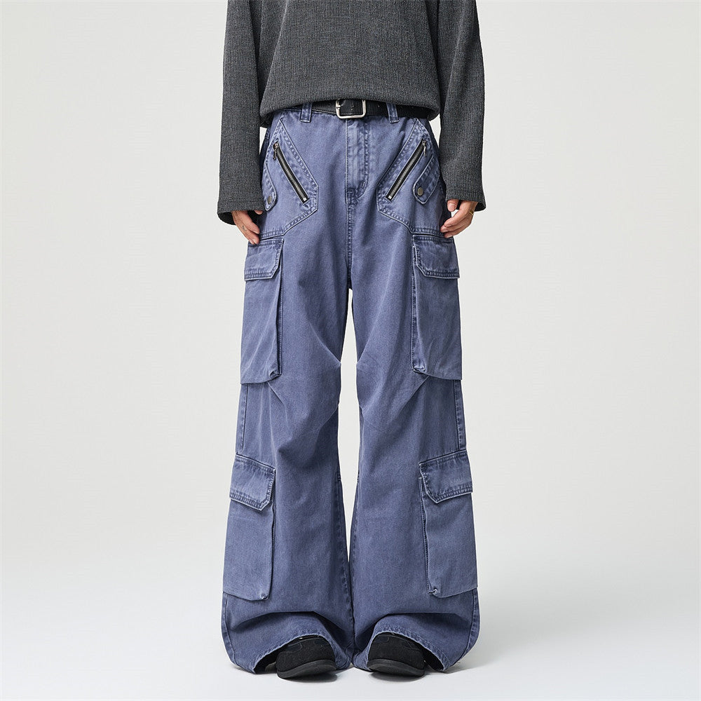 Men's wide-leg washed cargo pants with multi-pocket design in French Blue, front and side view