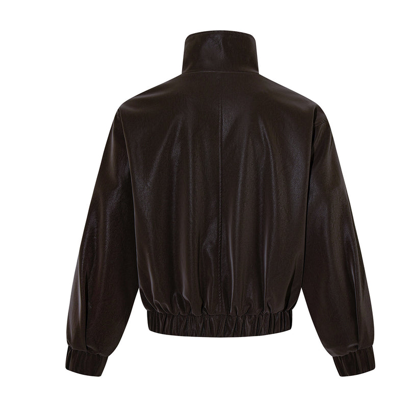 Oversized Black Leather Jacket Faux PU Bomber with High Collar