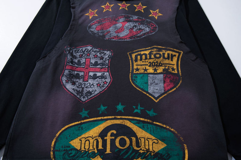 Tee-shirt graphique à manches longues imitation deux pièces – Imprimé écusson rétro streetwear