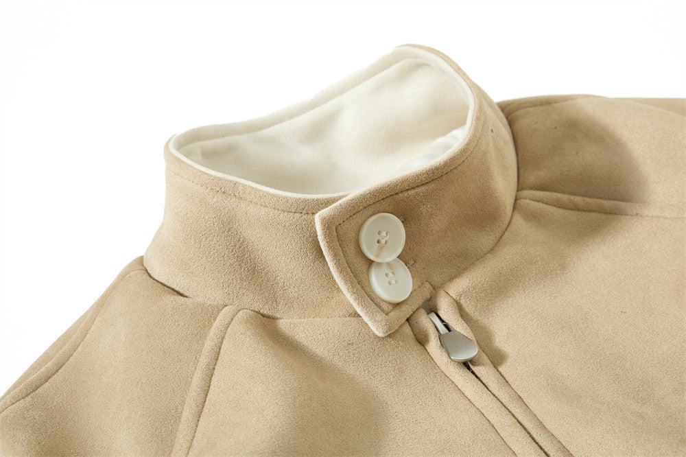 Chaqueta bomber de ante con cuello mao para hombre – Acabado desgastado y corte corto streetwear