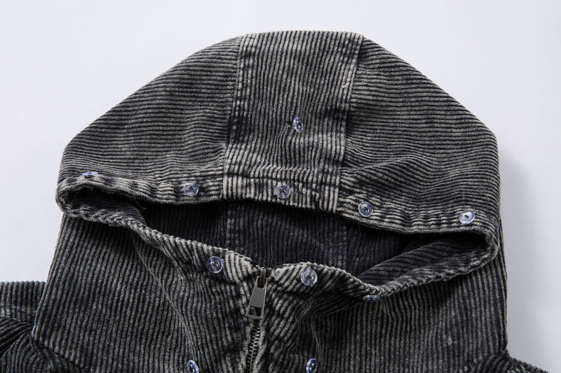 Corduroy Padded Jacket with Faux Fur Hood – Oversized Washed Winter Coat