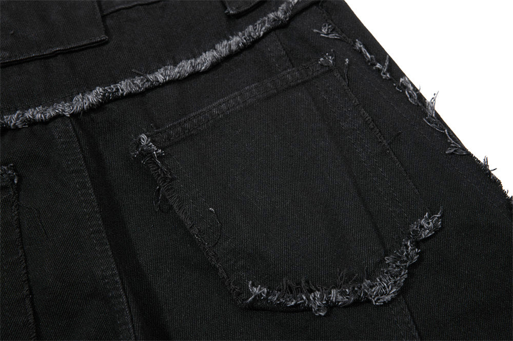 Black Wide-Leg Deconstructed Jeans – Zipper Detail & Raw-Edge Patchwork
