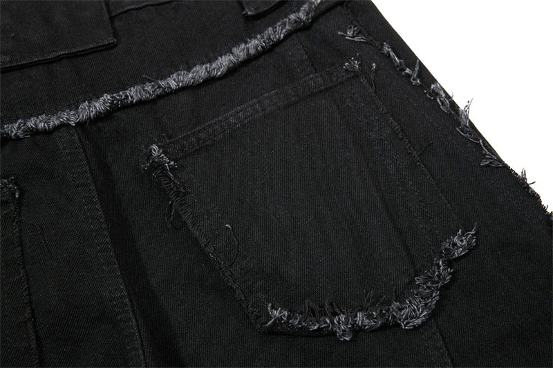 Black Wide-Leg Deconstructed Jeans – Zipper Detail & Raw-Edge Patchwork