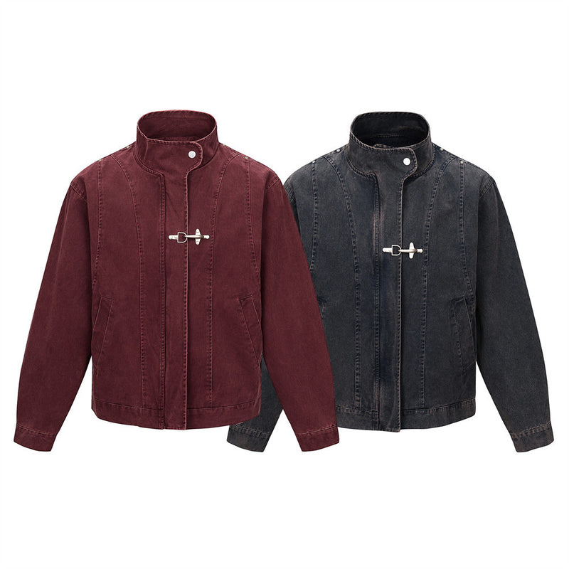 Men's Washed Denim Stand Collar Jacket with Metal Clasp