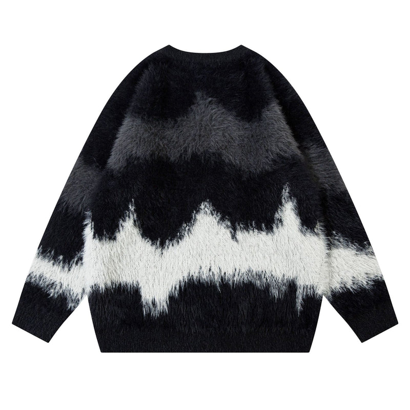 Pull en maille pelucheuse à motif vague abstrait – Modèle oversize