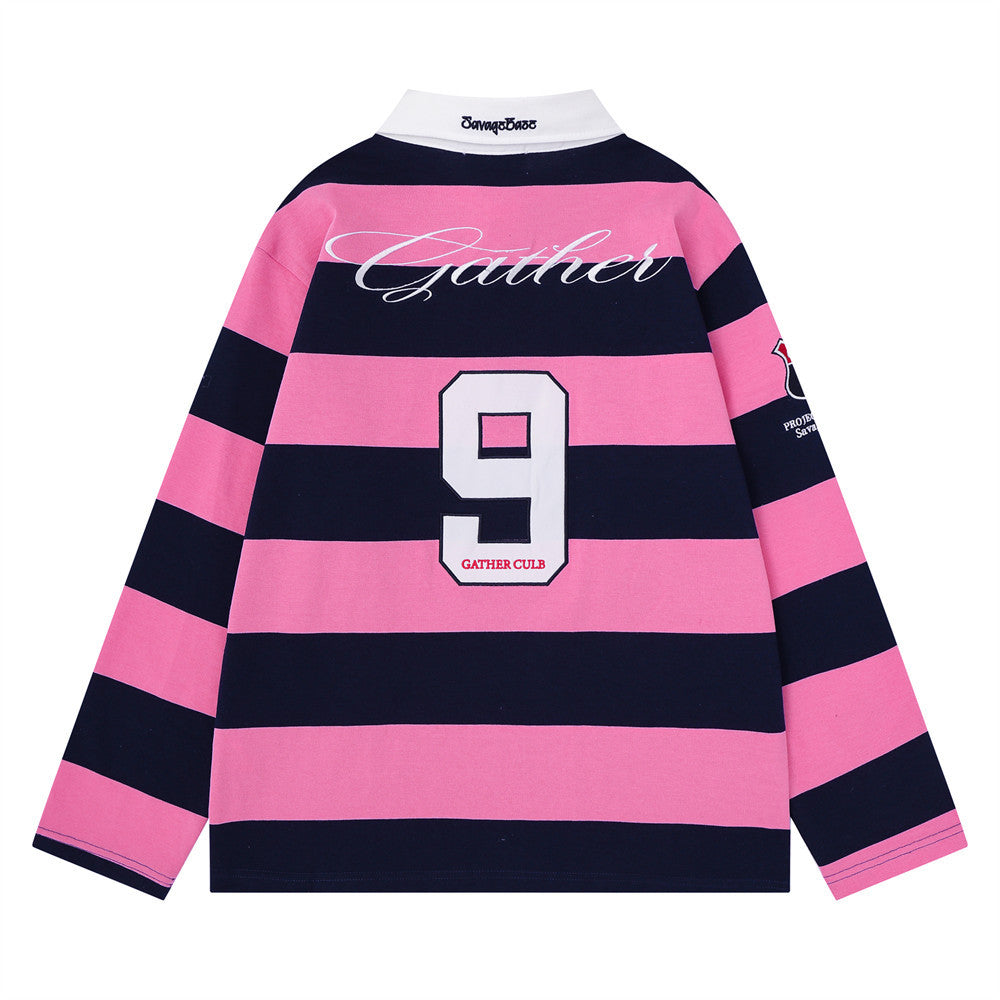 Striped Rugby Polo Shirt – Long Sleeve Color-Block Oversized Fit with Letter