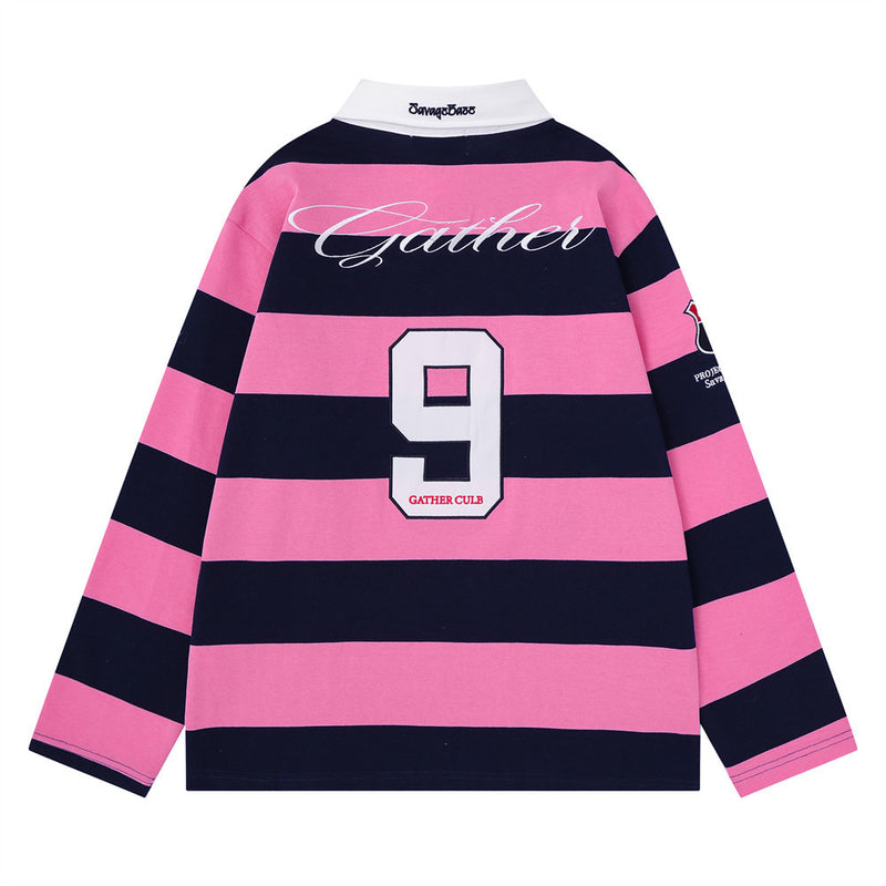 Striped Rugby Polo Shirt – Long Sleeve Color-Block Oversized Fit with Letter