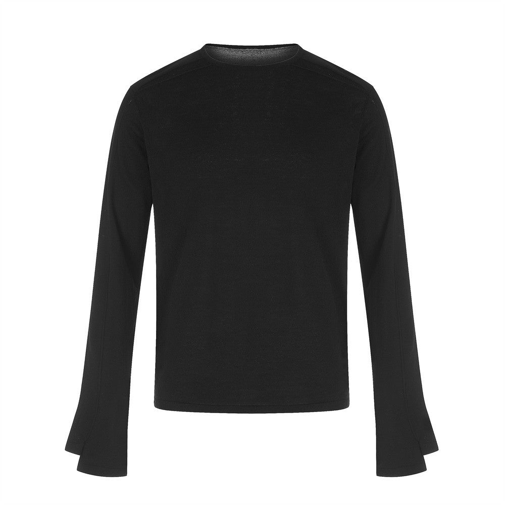 T-shirt homme noir uni à manches longues et col rond avec poignets fendus et évasés, vue de face