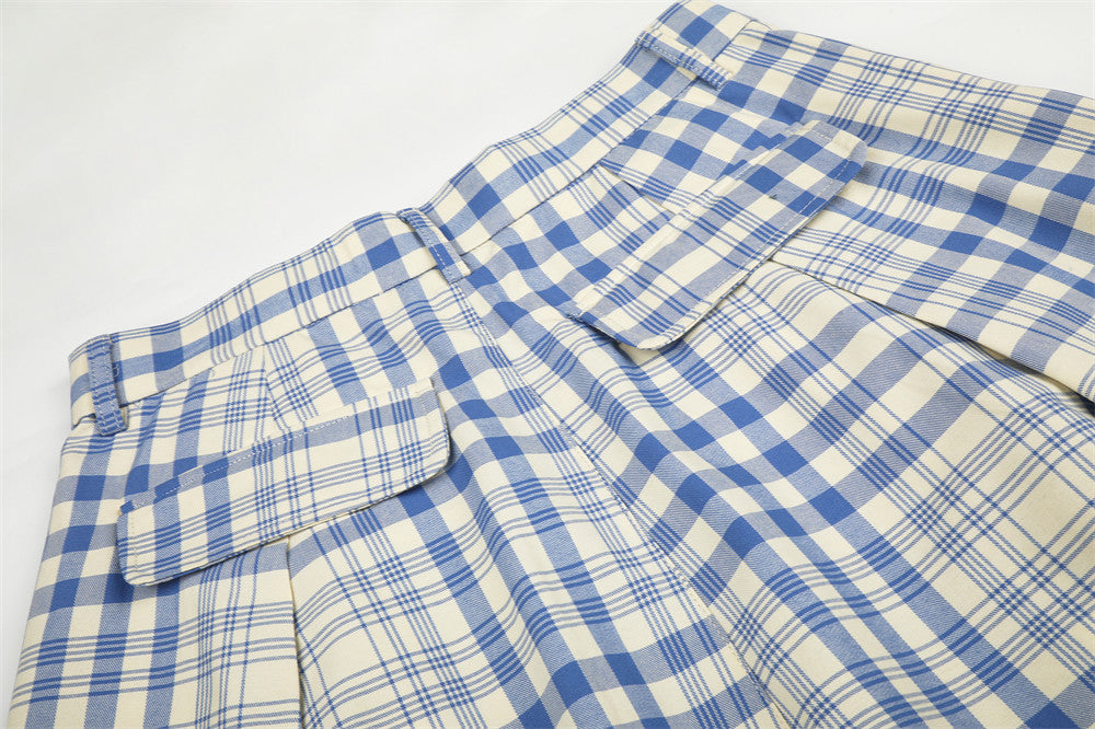 Wide-Leg Pleated Trousers in Blue Plaid Check