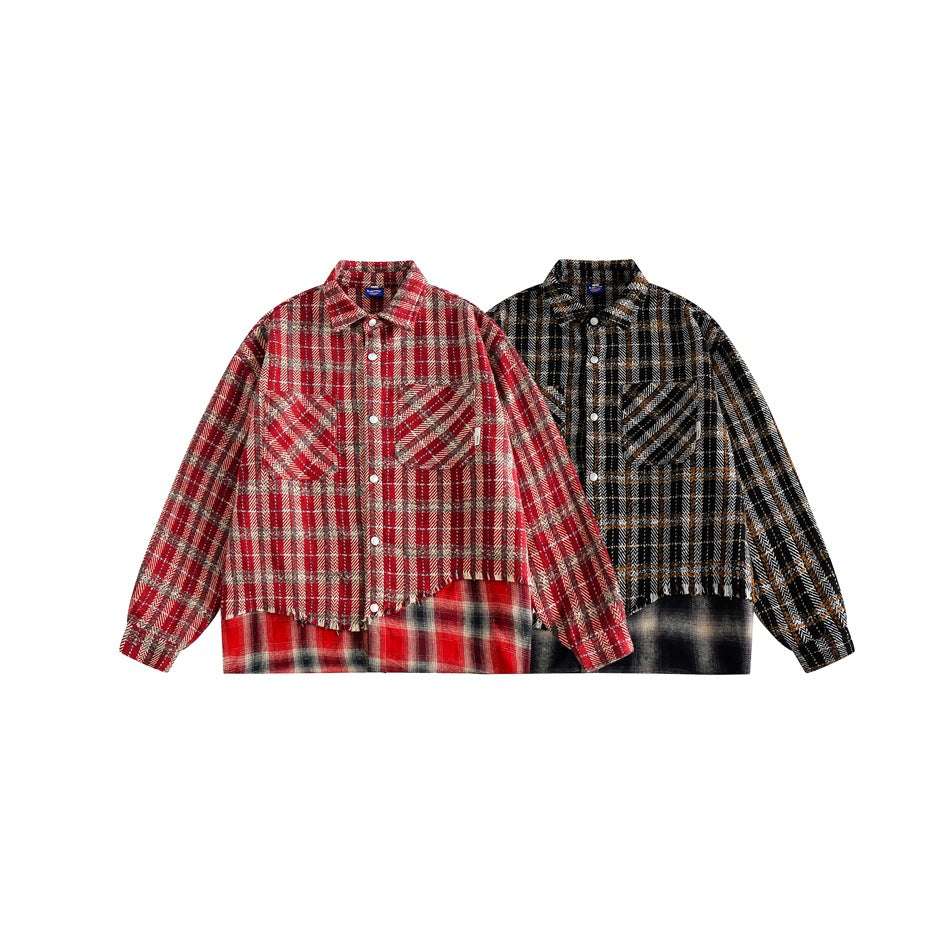 Vintage Plaid Patchwork Fringe Jacket – Oversized Unisex Overshirt