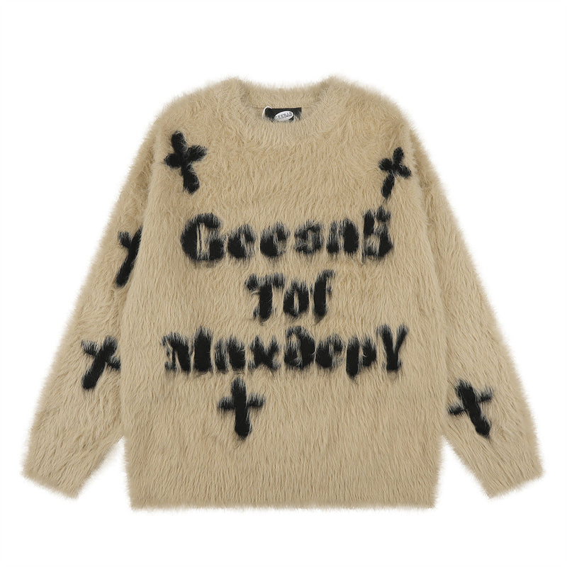 Pull homme oversize en maille jacquard croix duveteuse – Pull gothique à col rond