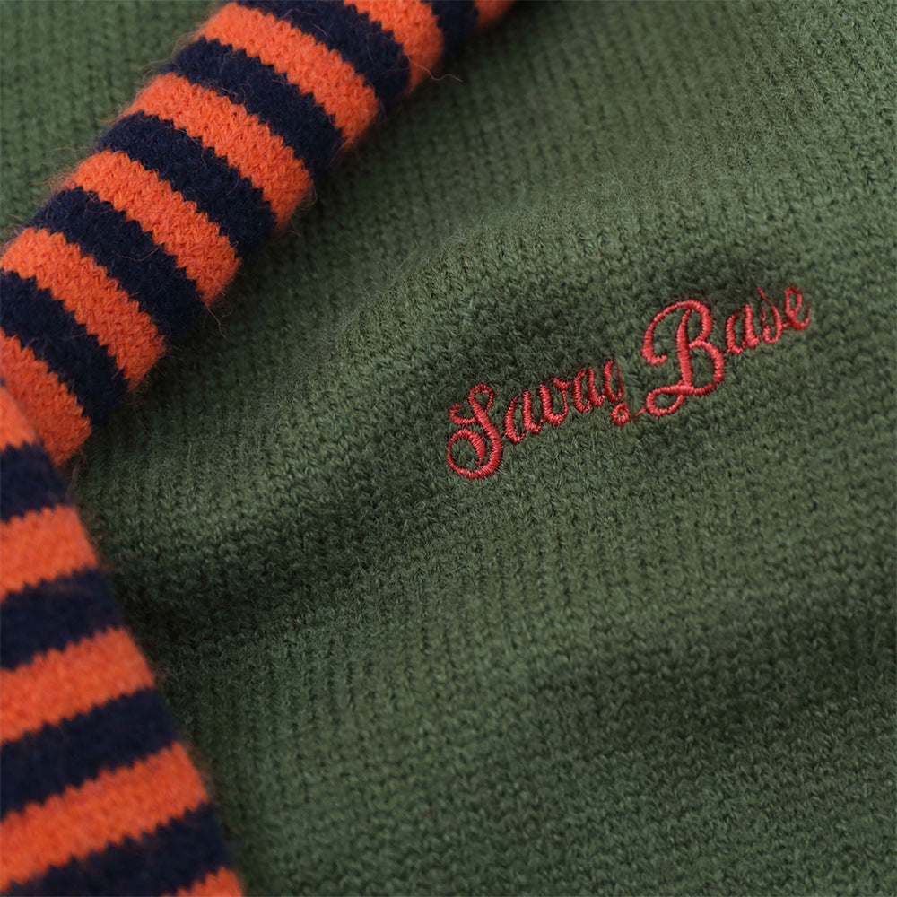 Mens Crew Neck Sweater with Faux Sailor Shawl Striped Knit Pullover
