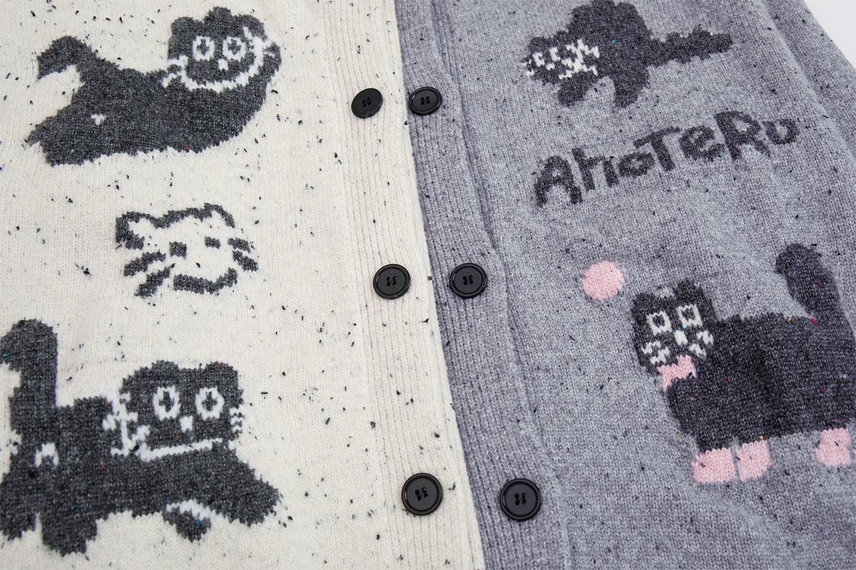 Cartoon Cat Jacquard Knit Cardigan Sweater – Varsity-Trim Button-Up