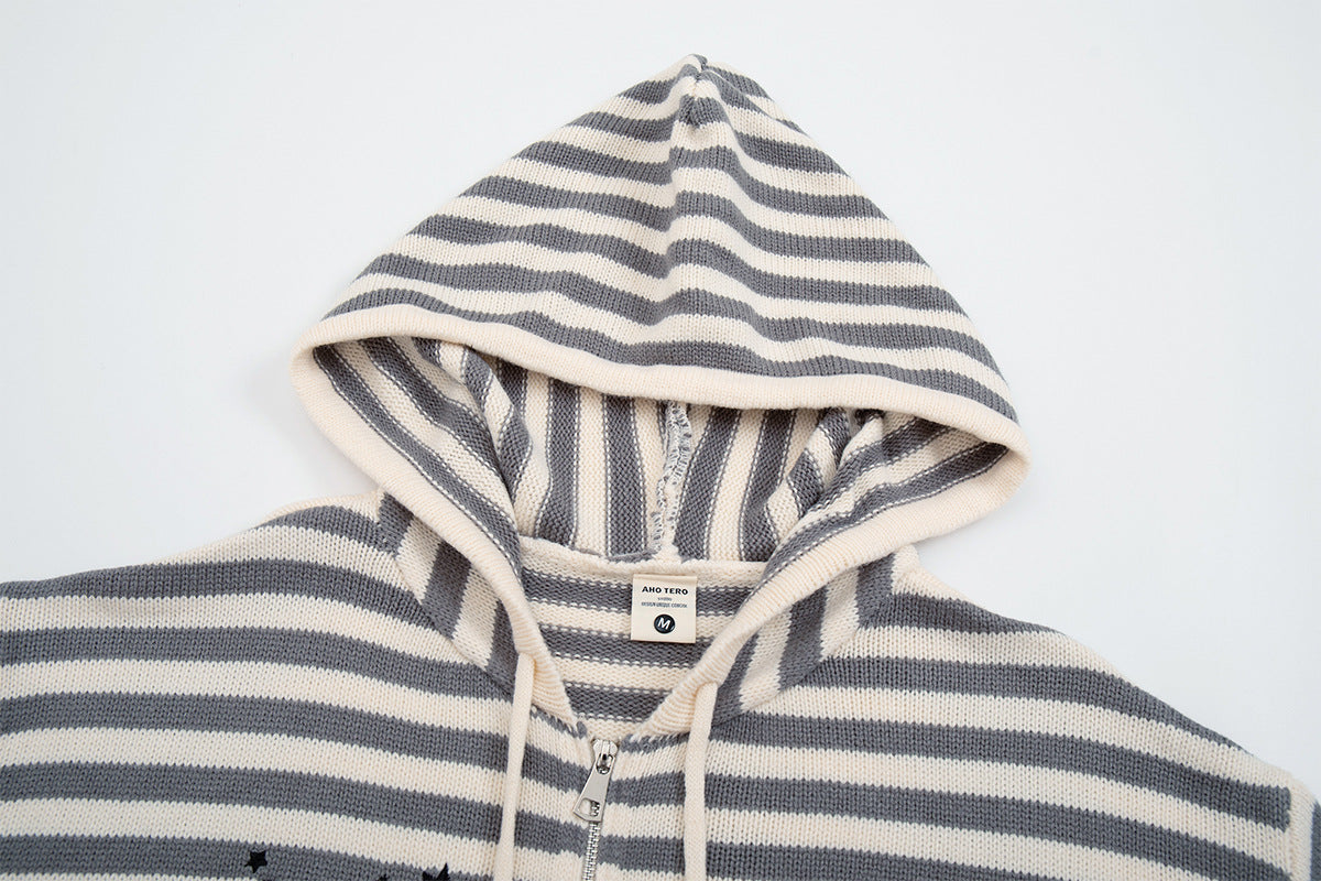 Y2K-Kapuzenjacke mit Reißverschluss – gestreifte Strickjacke mit Katzen- und Sternenstickerei
