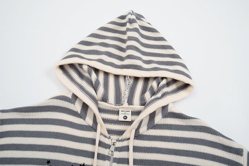 Y2K-Kapuzenjacke mit Reißverschluss – gestreifte Strickjacke mit Katzen- und Sternenstickerei