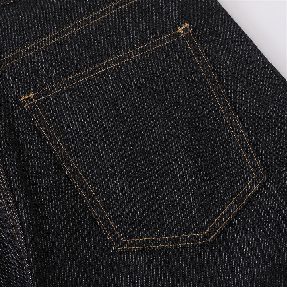 Men's Black Cargo Denim Jeans Wide-Leg Straight Fit with Large Pockets