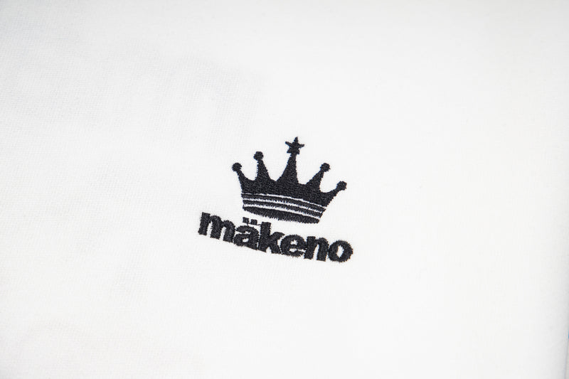 Makeno ヴァーシティストライプ プルオーバーフーディー｜クラウンロゴ・袖ストライプ・バックデザイン