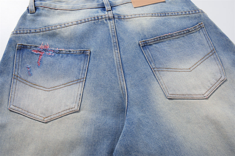 Ripped Wide-Leg Denim Shorts – Pink Thread Distressed, Washed Blue