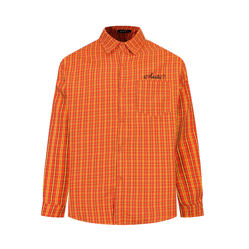 Men's Oversized Plaid Long-Sleeve Button-Up Shirt with Embroidered Chest Pocket