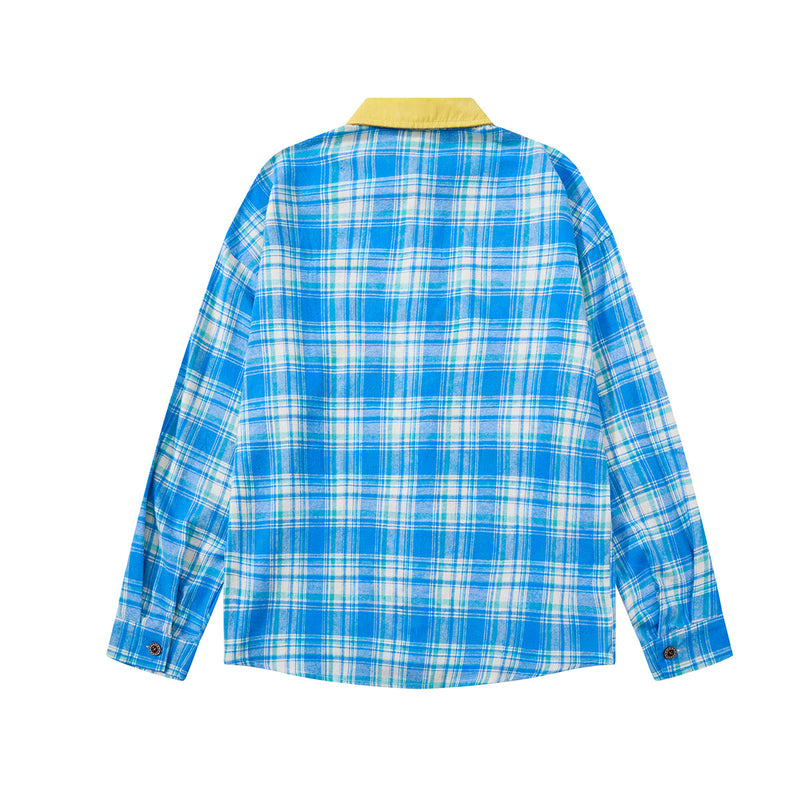 Plaid Flannel Shirt Jacket with Vintage Cartoon Embroidery – Washed Oversized