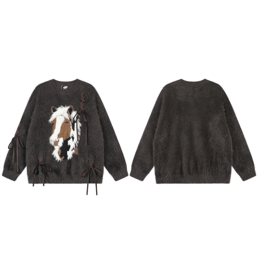 Flauschiger Jacquard-Pullover mit Rundhalsausschnitt und Schleifenbändern