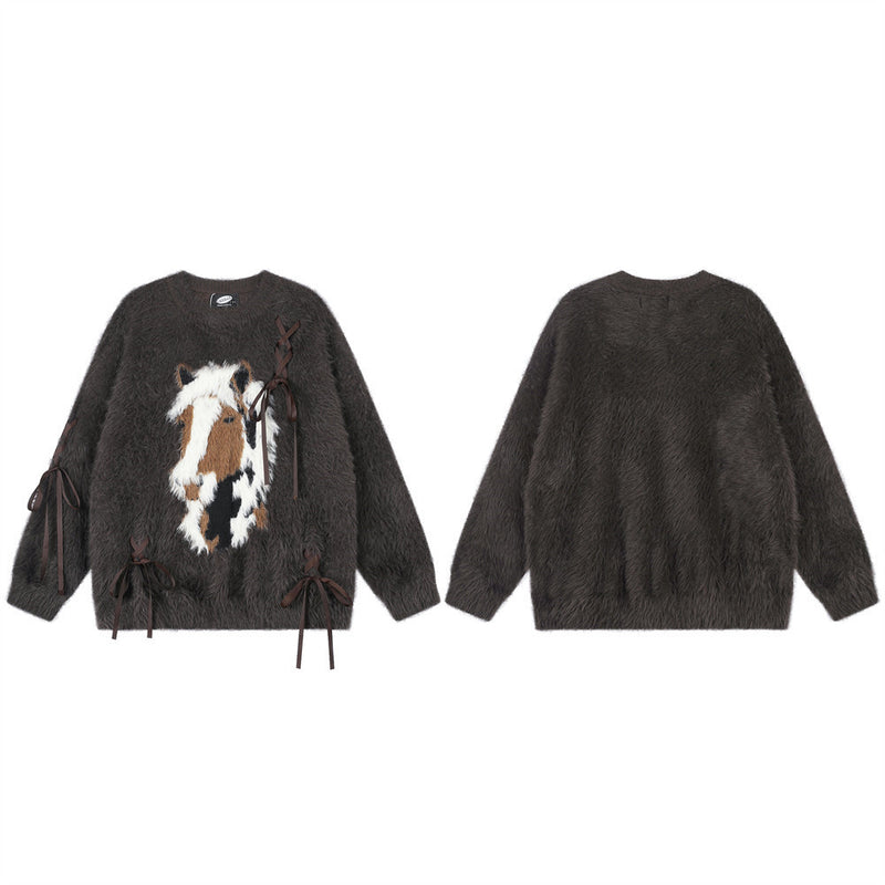 Flauschiger Jacquard-Pullover mit Rundhalsausschnitt und Schleifenbändern