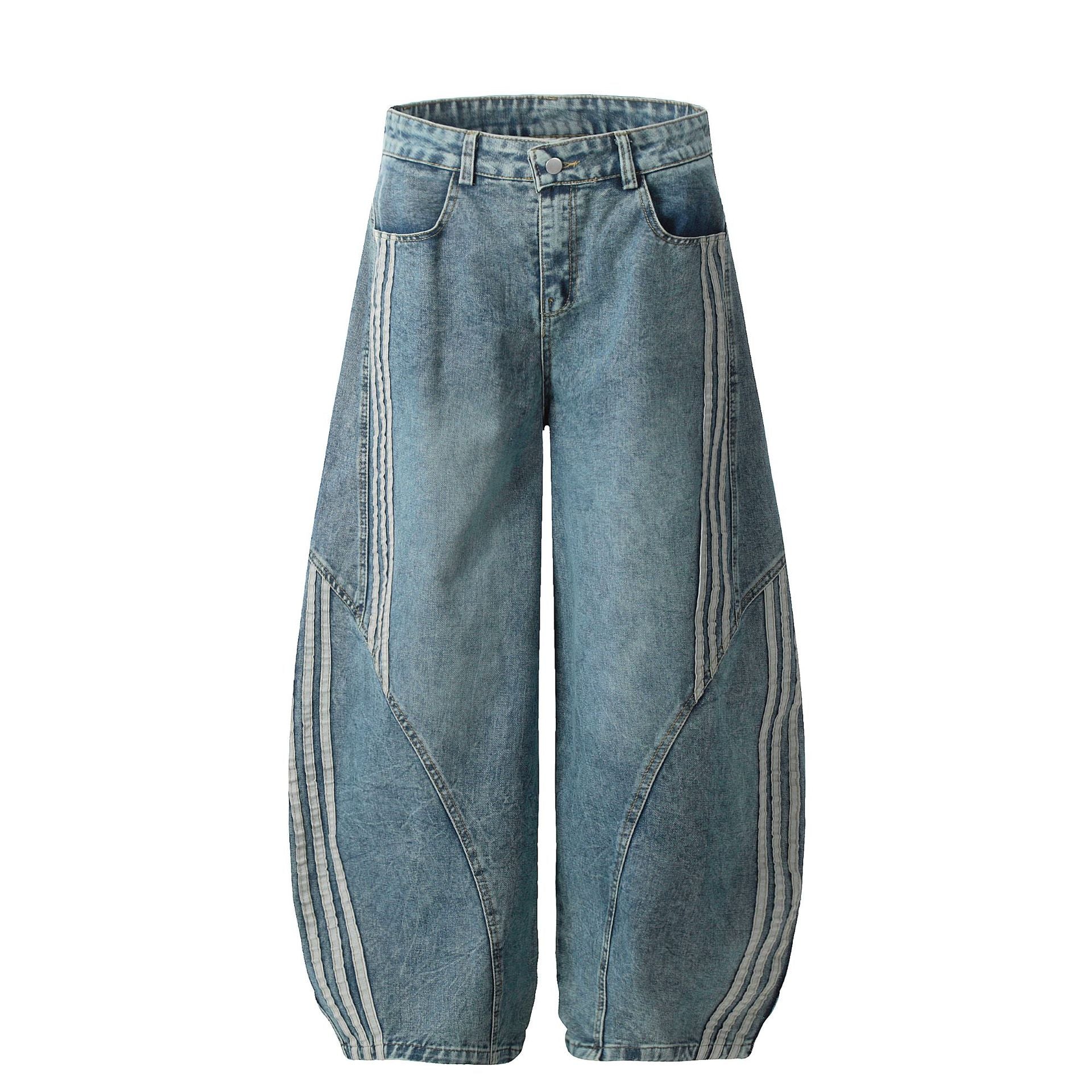 Men's Baggy Wide-Leg Jeans with Triple Stripe Detail – Washed Denim