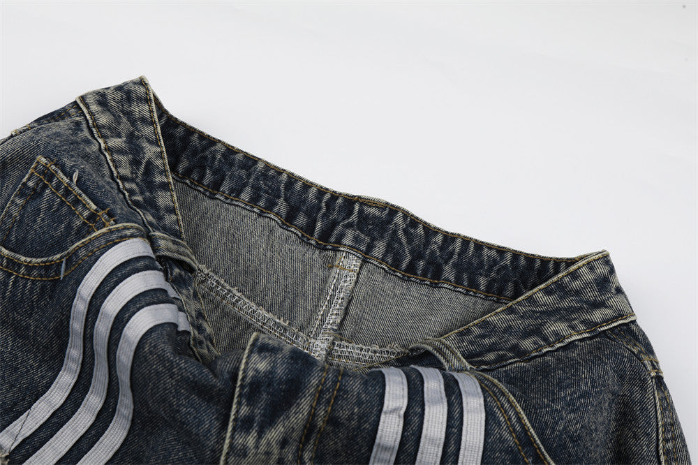 Vintage Washed Star Patch Stripe Denim Shorts