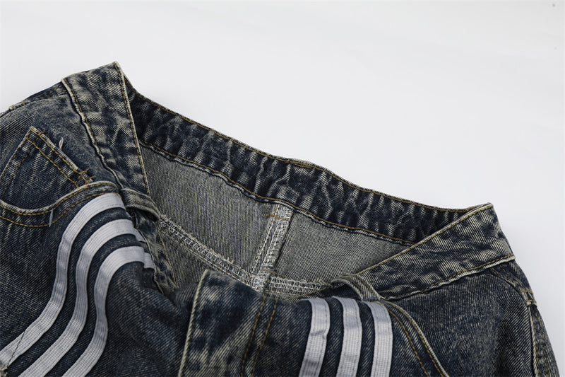 Vintage Washed Star Patch Stripe Denim Shorts