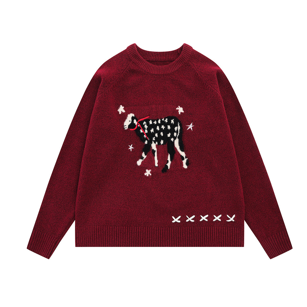 Christmas Lamb Jacquard Knit Sweater – Crew Neck Vintage Novelty Pullover