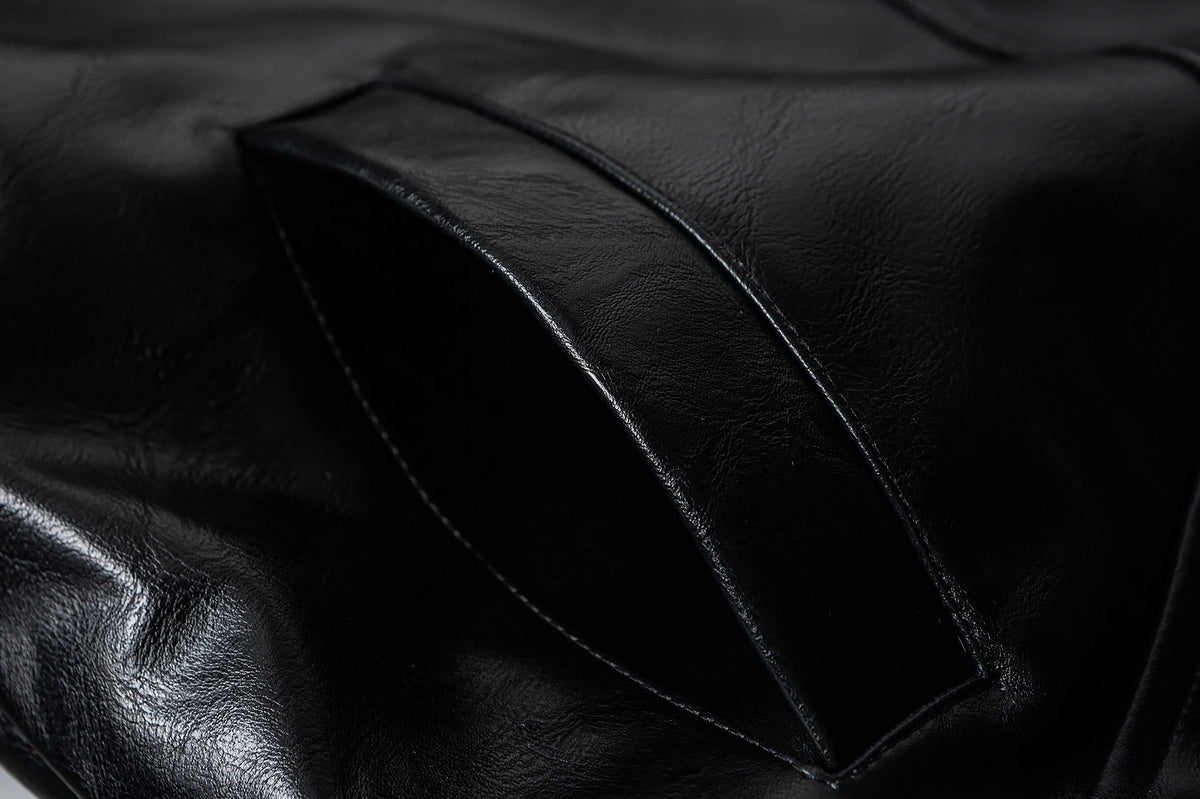 Men's Faux Shearling Collar Leather Bomber Jacket – Oversized Black Winter