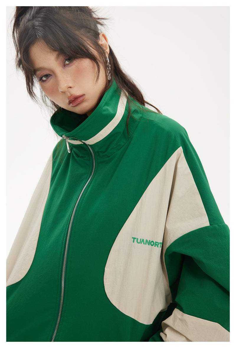 Colorblock Zip-Up Track Jacket — Oversized Retro Varsity Style