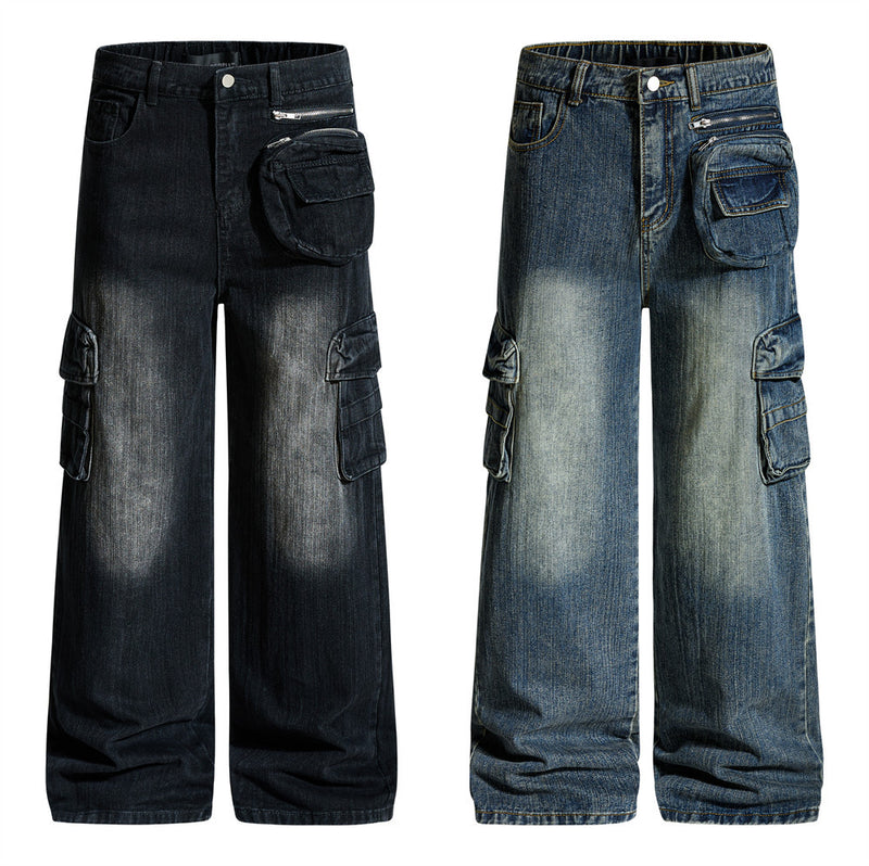 Vaqueros cargo para hombre — Pantalón vaquero de pierna ancha con múltiples bolsillos y lavado desgastado