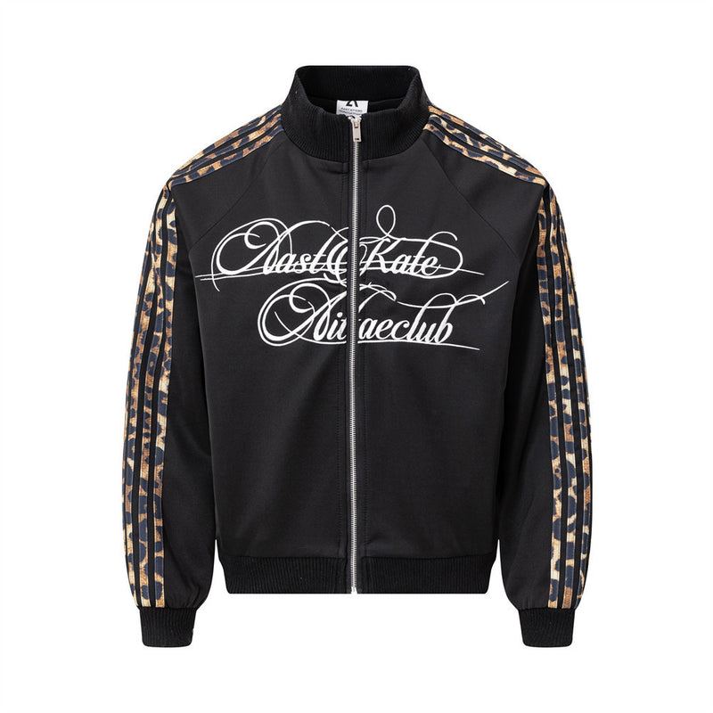 Oversized-Trainingsjacke für Herren mit Leopardenprint, Schriftzug auf der Brust und Streifenband an den Ärmeln, in Schwarz und Leopardenfarbe