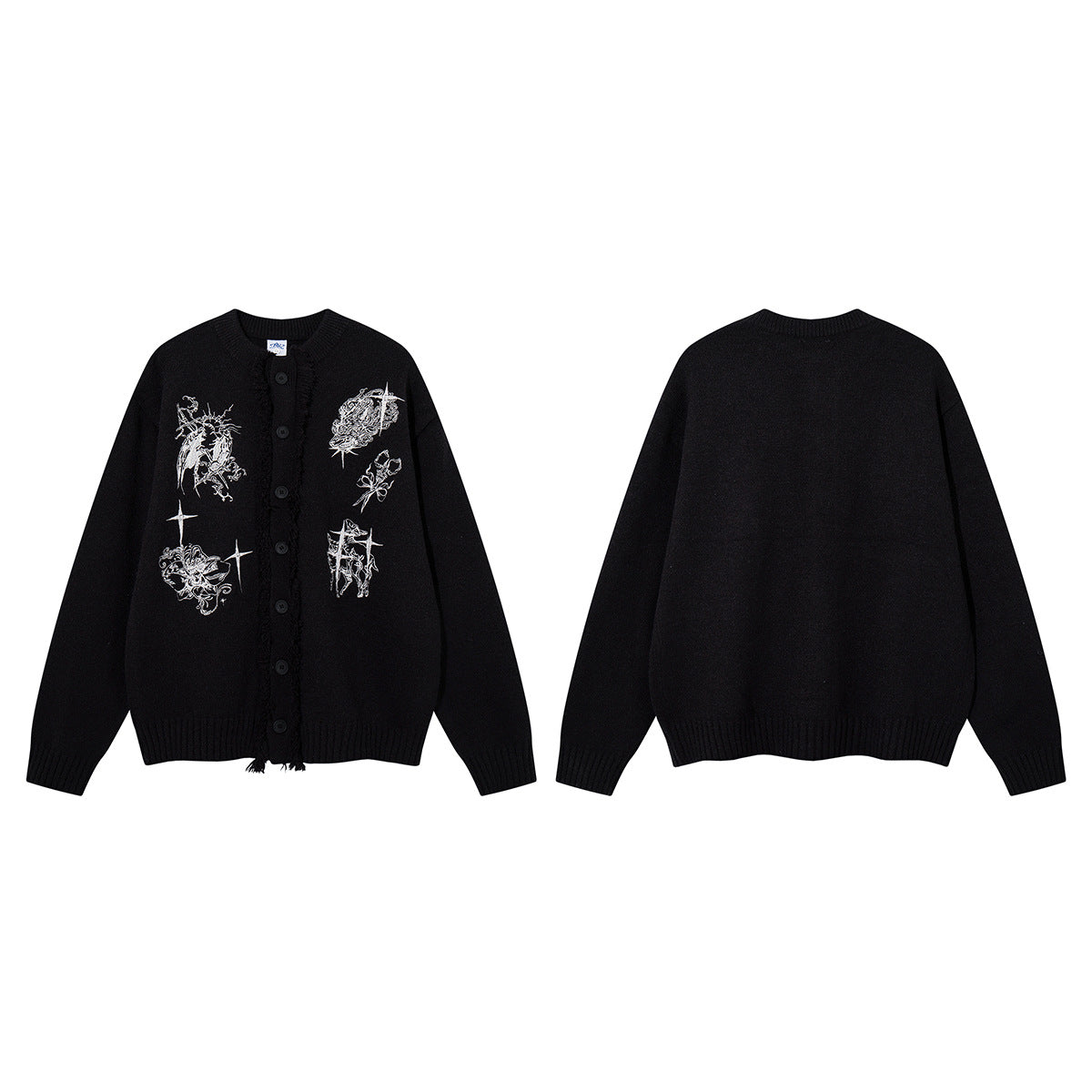Gothic Embroidered Fringe Knit Cardigan Sweater – Oversized Button-Up