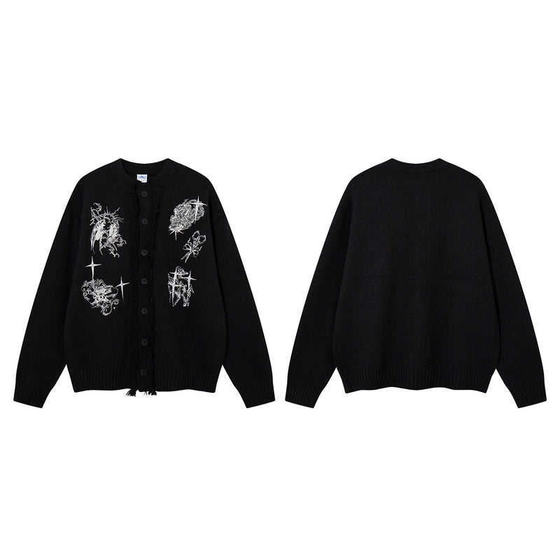 Gothic Embroidered Fringe Knit Cardigan Sweater – Oversized Button-Up