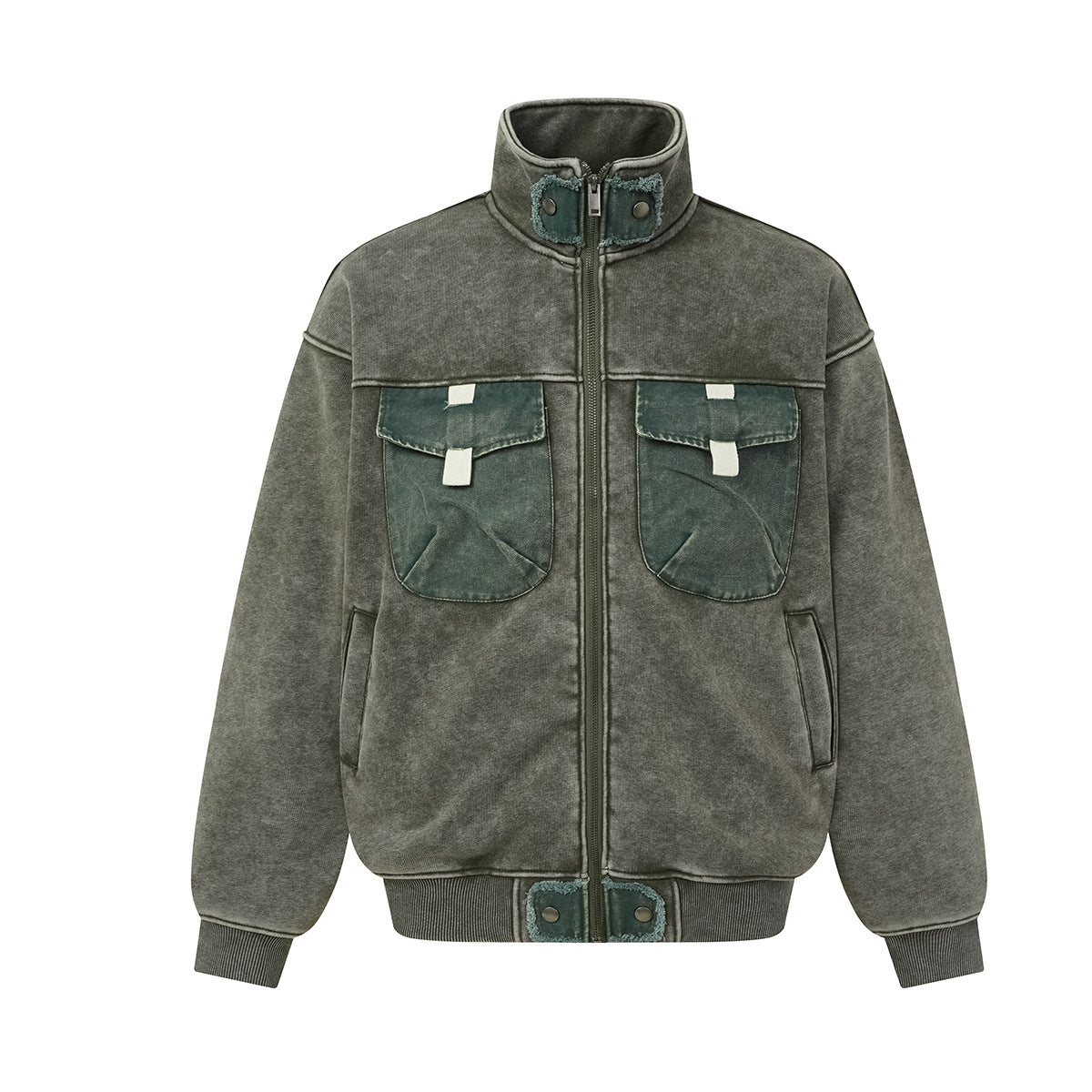 Vintage Washed Fleece-Lined Bomber Jacket – Boxy Fit Men's Zip-Up Outerwear
