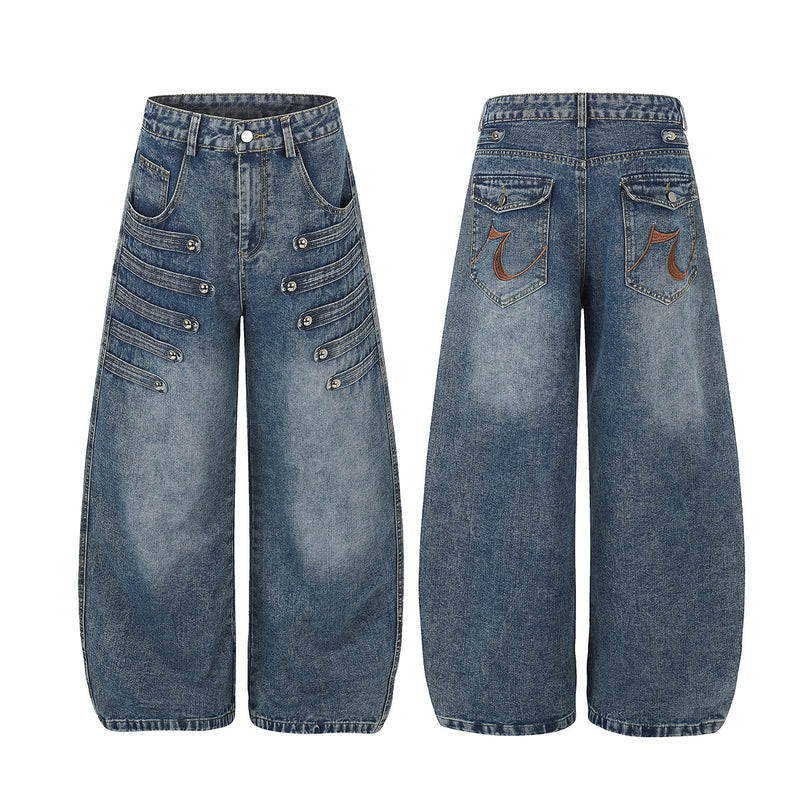 Wide-Leg Baggy Jeans – Light Blue Washed Denim with Metal Stud & Pintuck Detail