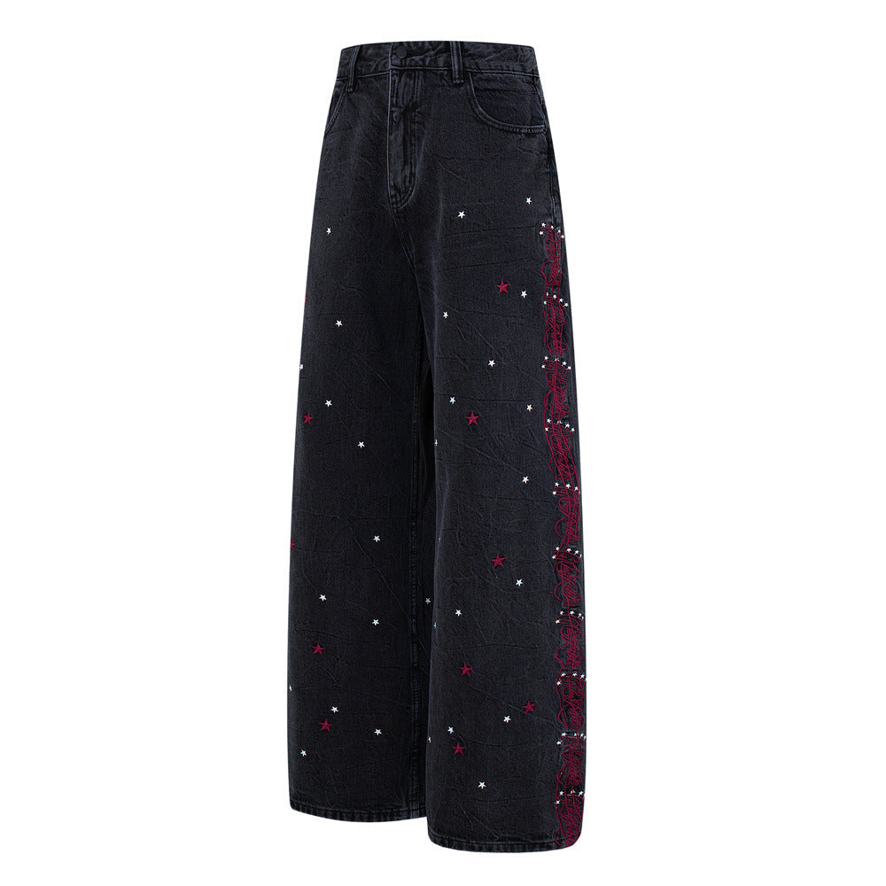 Star Embroidered Wide-Leg Jeans – Washed Black Denim with Side Floral Detail