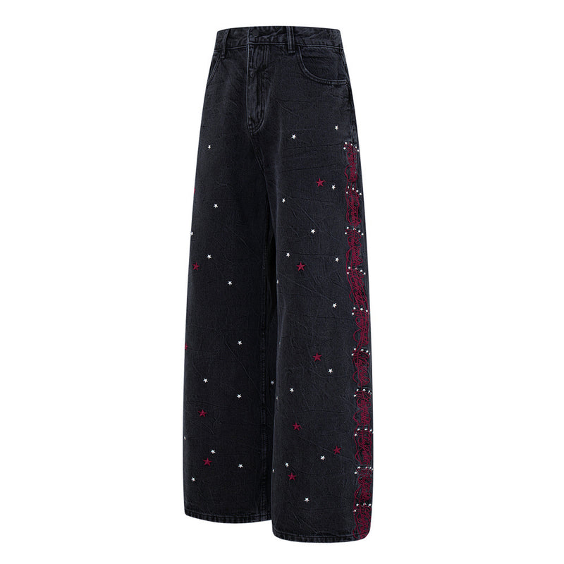 Star Embroidered Wide-Leg Jeans – Washed Black Denim with Side Floral Detail