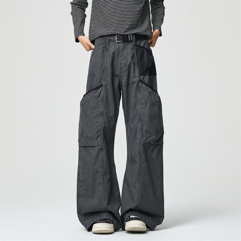 Wide-Leg Cargo Pants – Washed Vintage American Workwear with Oversized Pockets