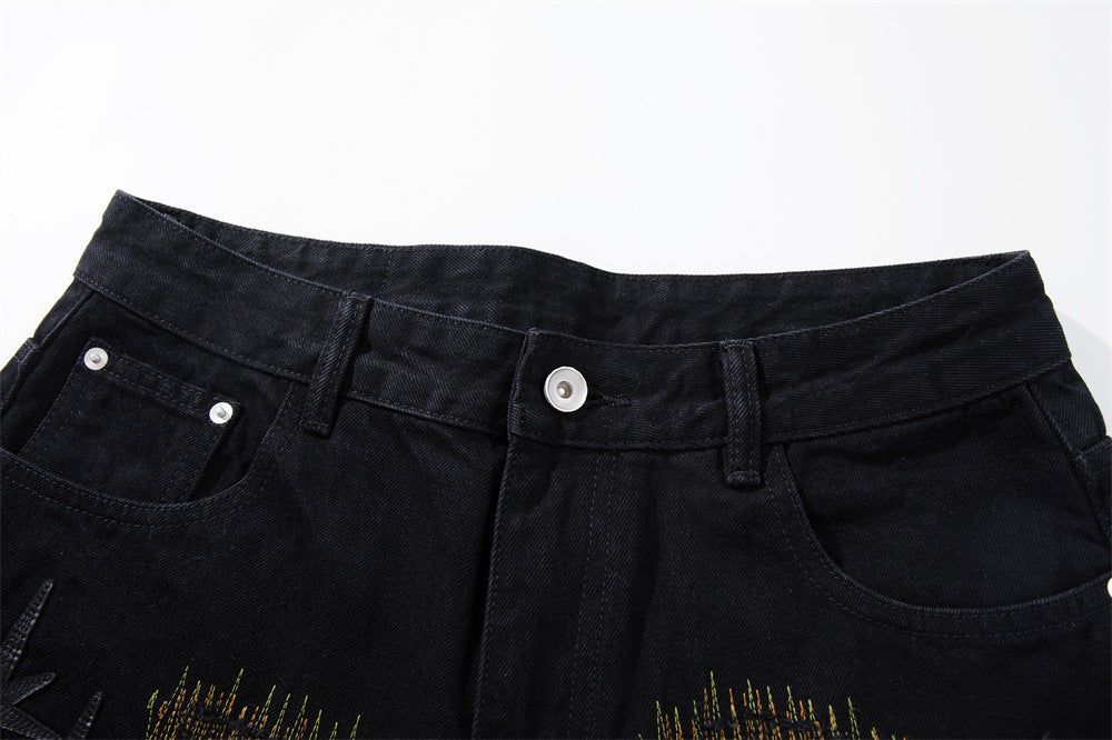 Wide-Leg Jeans with Chaotic Needle Embroidery & Star Patches