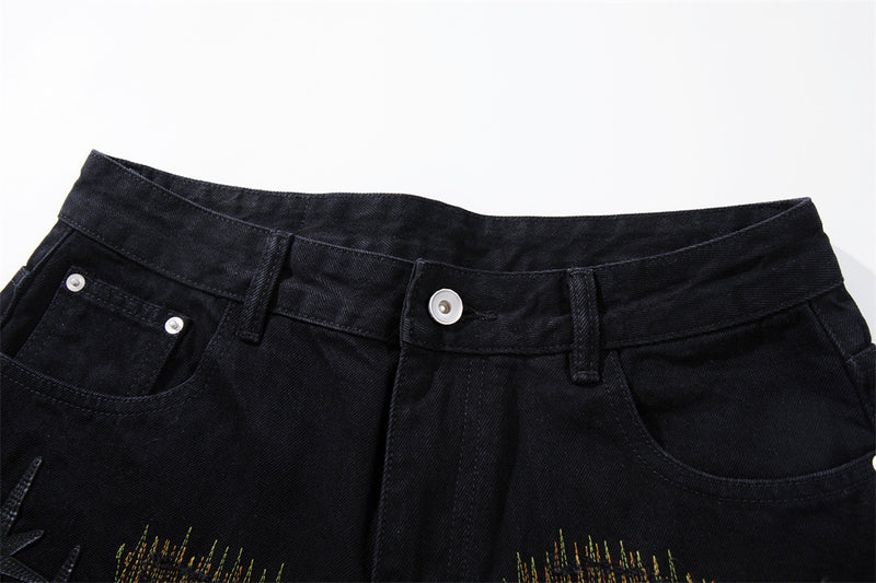 Wide-Leg Jeans with Chaotic Needle Embroidery & Star Patches