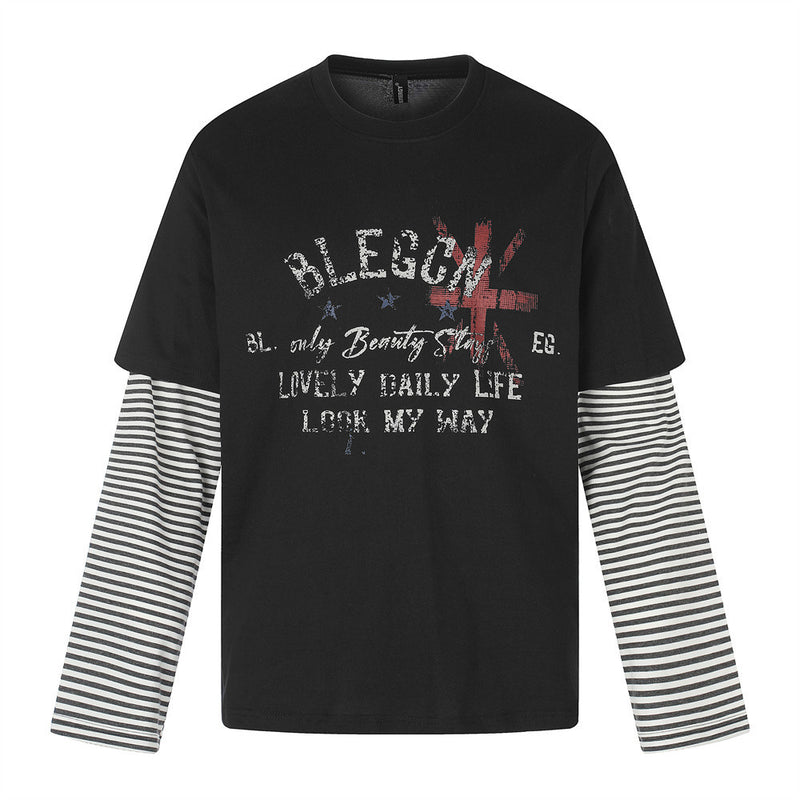 Faux-Layered Graphic Long Sleeve Tee with Black & White Striped Sleeves